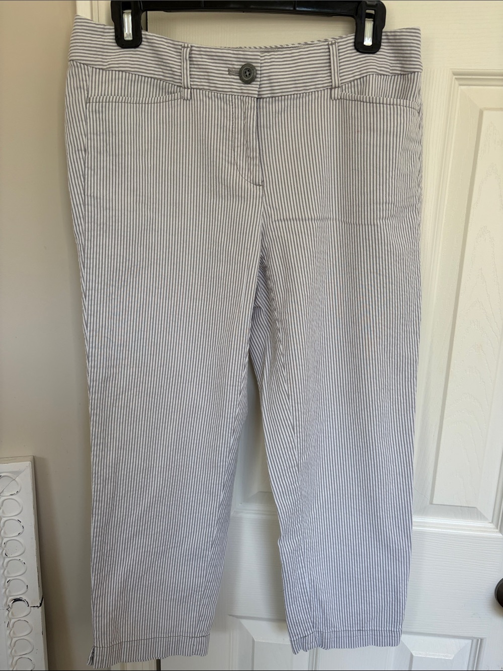 LOFT Gray and White Striped Cropped Ankle Pants